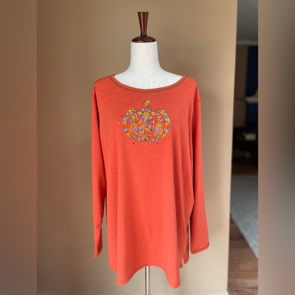 Quacker Factory Womens Pumpkin Embroidered Long Sleeve Top 2X Halloween Fall